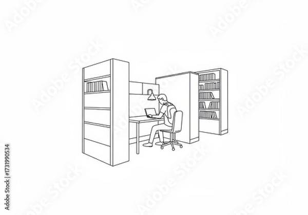 Fototapeta A minimalist line drawing illustration of a student studying at a desk with a laptop, surrounded by bookshelves in a quiet space