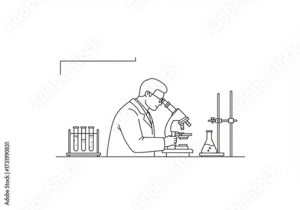 Fototapeta Scientist at Work Microscope and Lab Equipment Line Art Illustration
