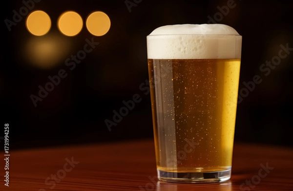 Fototapeta A frothy pint of golden beer sparkles with bubbles on a wooden table, glowing warmly under soft evening lights.