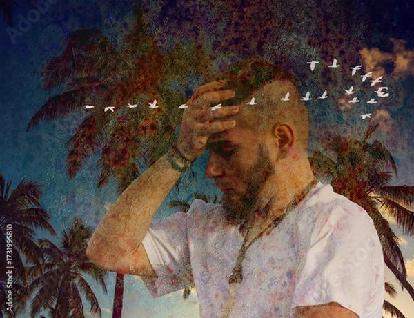 Fototapeta Man touching forehead with hand among palm trees at sunset, symbolizing anxiety, inner conflict