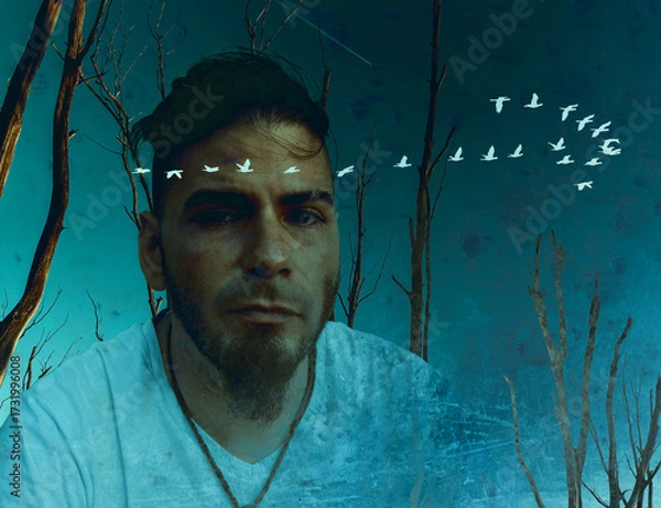 Fototapeta Contemplative man among barren trees with overlay of flying birds symbolizing loneliness