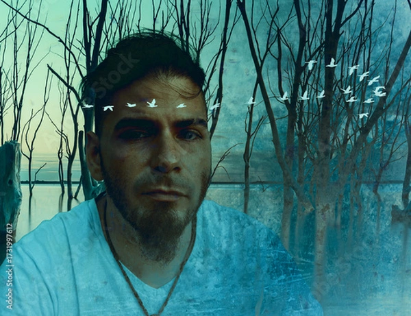 Fototapeta Thoughtful man among flooded forest with flying birds symbolizing resilience