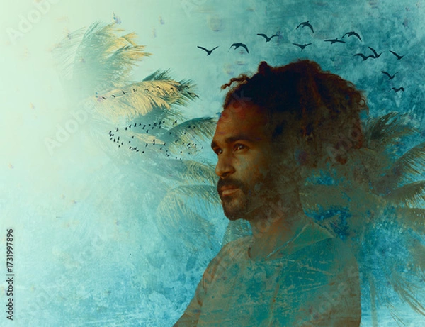 Fototapeta Calm thoughtful man looking away with palm trees and flying birds symbolizing mental clarity