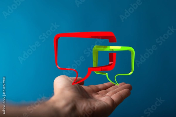 Fototapeta Hand holding red and green speech bubbles symbolizes modern communication, discussions, and expressing opinions in online spaces and communities