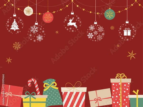 Obraz クリスマスプレゼントとオーナメントの背景赤_ベクターイラスト