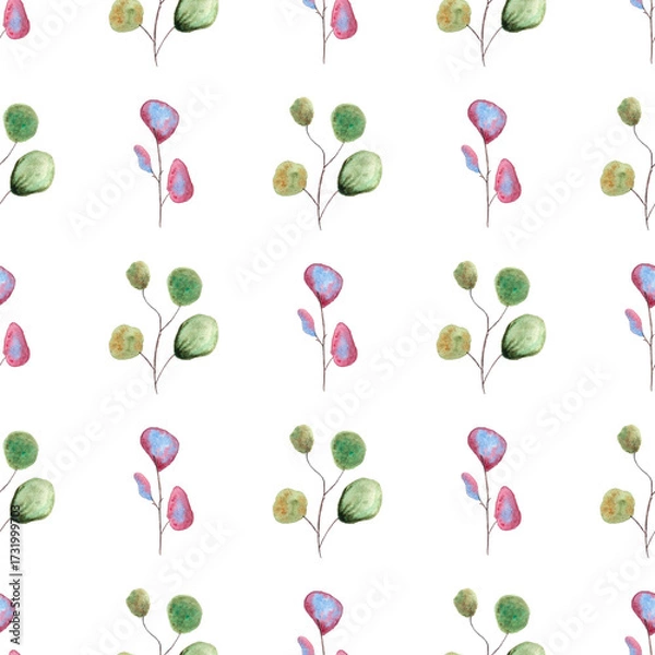 Obraz purple and green eucalyptus watercolor leaves on white background, hand drawn, seamless pattern