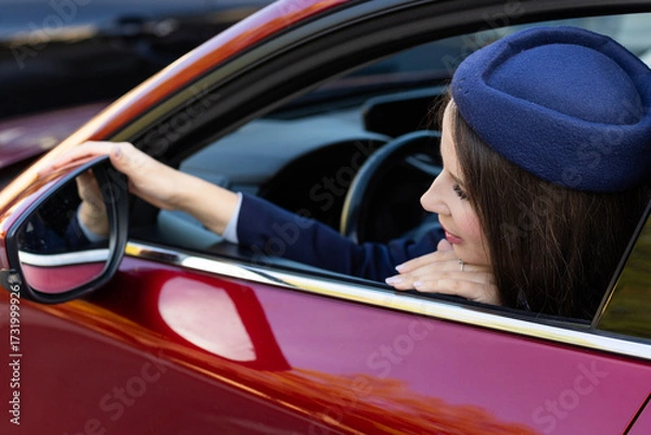 Fototapeta Attractive young female driver in casual outfit, driving car, road safety and transportation theme.Young woman driving car. Travel concept.