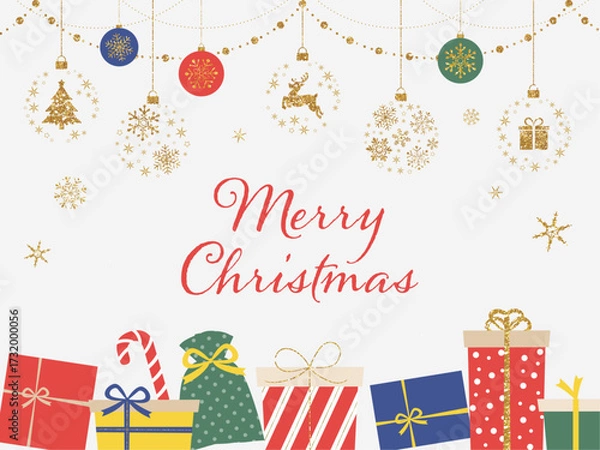 Obraz クリスマスプレゼントとオーナメントの背景白_文字あり_ベクターイラスト