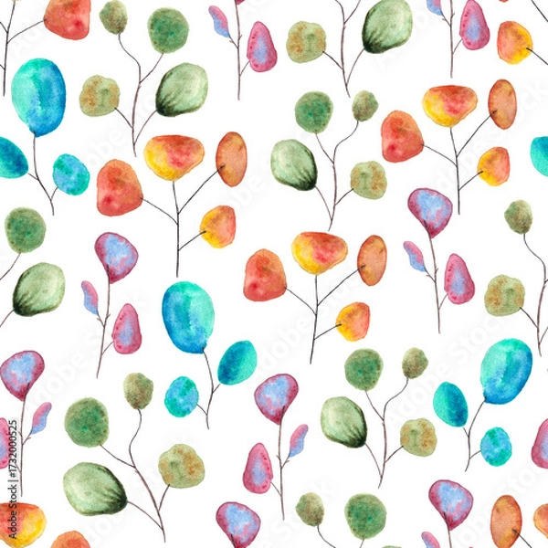 Obraz multicolored eucalyptus watercolor leaves on white background, hand drawn, seamless pattern