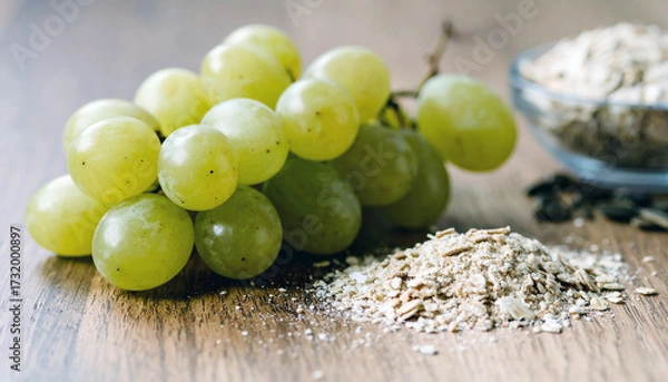 Fototapeta Close up view of ripe green grapes, Background of ripe grapes. oats and grains. 