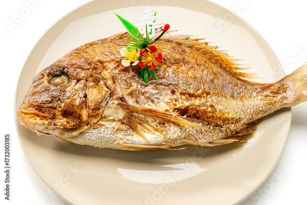 Fototapeta お祝い用の鯛の姿焼きと飾り