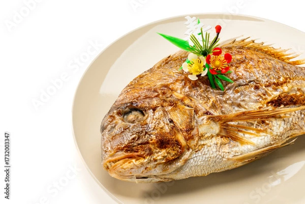Fototapeta お祝い用の鯛の姿焼きと飾り