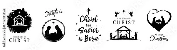 Fototapeta The birth of Christ and Merry Christmas creative nativity set. Creative design for Nativity greeting card or calendar cover. Vector illustration