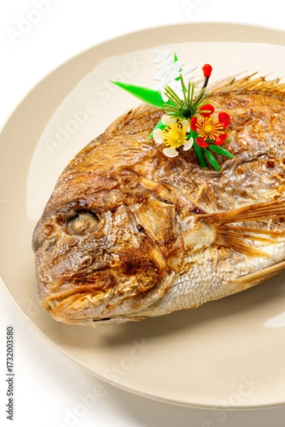 Fototapeta お祝い用の鯛の姿焼きと飾り