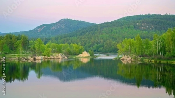 Fototapeta Serene Mountain Lake Scene with Green Trees and Reflection in Calm Water During Twilight