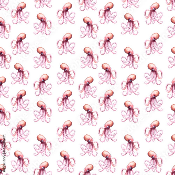 Obraz seamless pattern of pink octopus on white background, hand drawn watercolor illustration