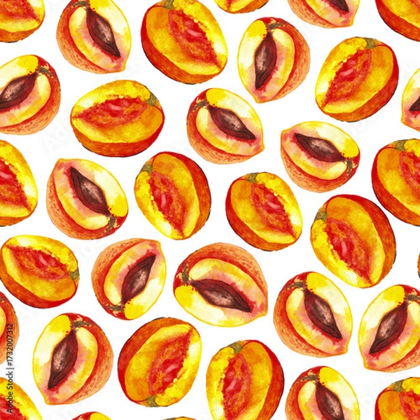 Obraz seamless pattern of halved peaches, hand painted watercolor illustration on white background