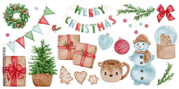 Fototapeta Festive Watercolor Holiday Clipart with Tree and Decorations. Elements set with snowman, tree, wreath, gifts, cookies, ornaments, snow globe, garland, bow, and festive decorations.