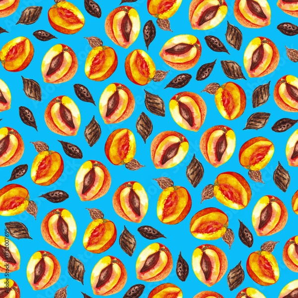 Obraz seamless pattern of halved peaches and pits, hand painted watercolor illustration on blue background