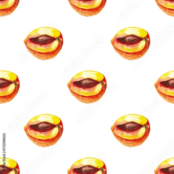 Obraz seamless pattern of halved peaches and pits, hand painted watercolor illustration on white background