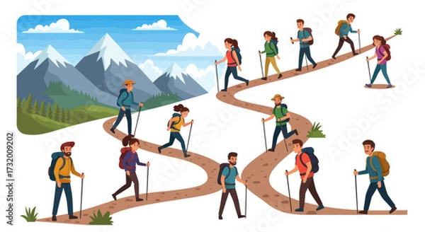 Fototapeta Group of Hikers Trekking on a Winding Mountain Trail with Backpacks and Hiking Poles.