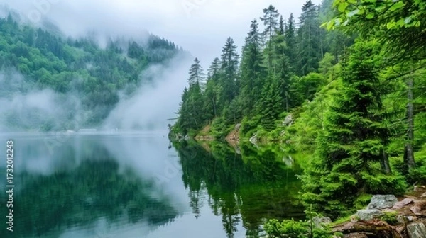 Fototapeta Serene Mountain Lake Surrounded by Lush Green Pine Trees with Misty Fog in the Background