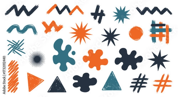 Fototapeta A collection of abstract graphic elements with a distressed texture in various colors and shapes.