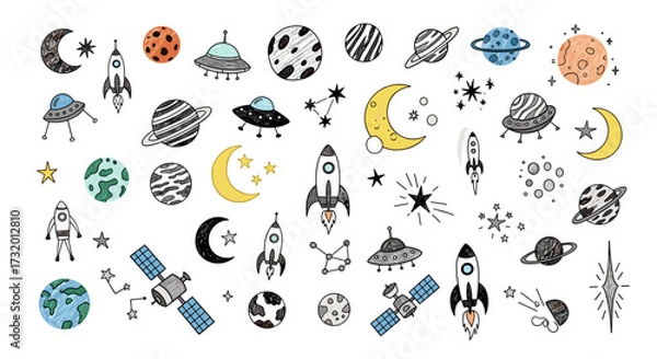 Fototapeta A playful collection of hand-drawn space elements and celestial bodies for creative projects.