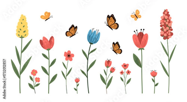 Fototapeta A charming collection of wildflowers and fluttering butterflies create a delightful scene.