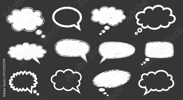 Fototapeta A collection of various thought bubble shapes drawn with a chalk-like effect on a dark background.