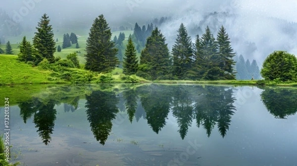 Fototapeta Serene Mountain Lake with Green Trees Misty Forest Background Nature Scene