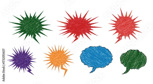 Fototapeta A collection of colorful hand-drawn speech bubbles in various expressive shapes for comic and graphic design.