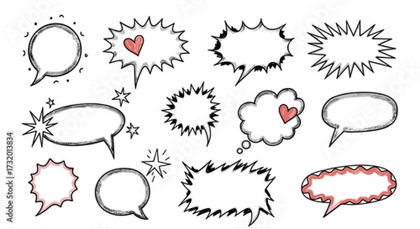 Fototapeta A collection of hand drawn speech bubbles and thought bubbles in various shapes and sizes for comic books and graphic design projects.
