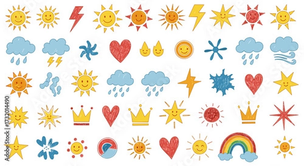 Fototapeta A collection of cheerful weather and emoji icons including suns hearts lightning bolts and rainbows.