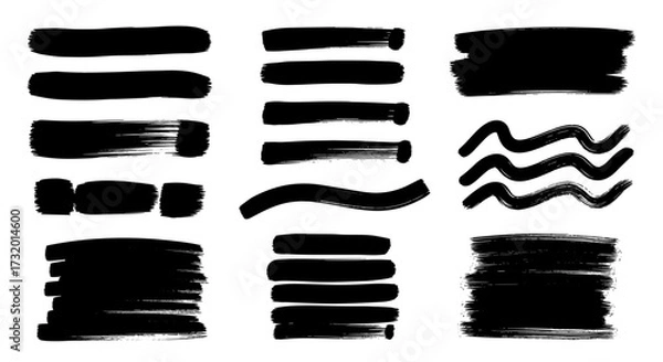 Fototapeta Collection of black abstract brush stroke shapes and designs for graphic elements.