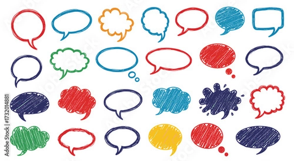 Fototapeta A colorful collection of various hand-drawn speech bubbles and thought clouds.