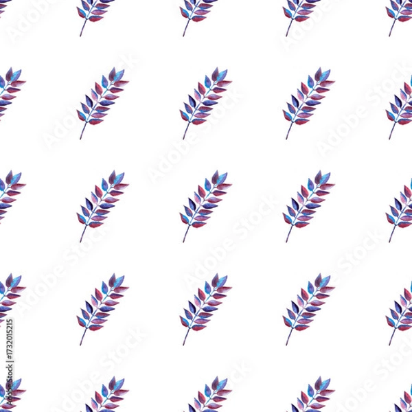 Obraz seamless pattern of blue purple turquoise leaves, hand drawn watercolor elements, isolated on white background