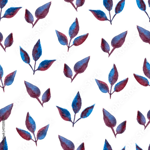 Obraz seamless pattern of blue purple turquoise leaves, hand drawn watercolor elements, isolated on white background