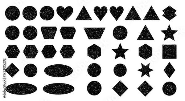 Fototapeta Collection of black geometric shapes with a textured scribble effect on a white background.