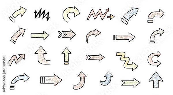 Fototapeta Collection of hand drawn arrow icons pointing in various directions and styles for design.