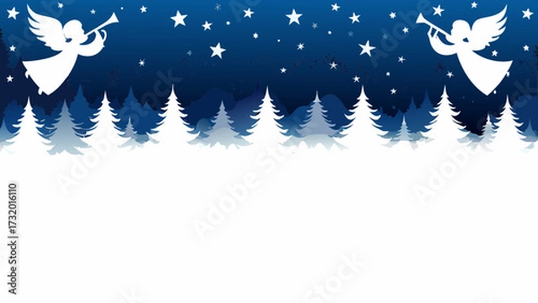 Obraz Angels heralding the night sky, a winter wonderland of stars and silhouetted evergreen trees creating a festive holiday scene