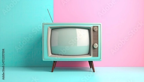 Obraz Retro turquoise television against a teal and pink backdrop