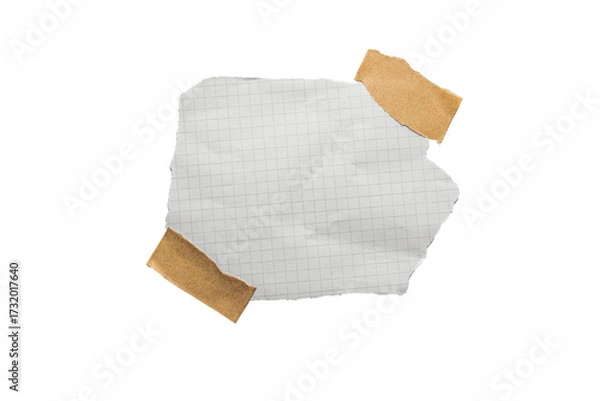 Fototapeta Torn piece of school notebook in a cage with beige tape isolated on white background