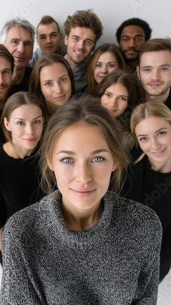 Fototapeta A group of people are smiling and posing for a photo. The woman in the center is the main focus of the image