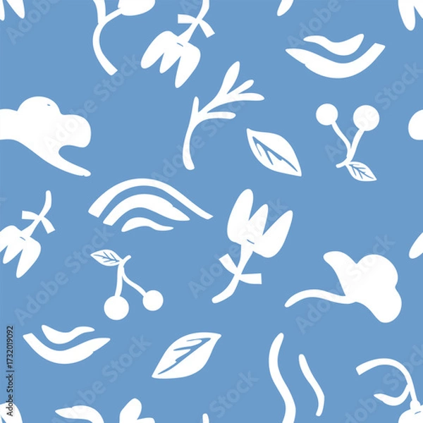 Fototapeta Abstract white floral and leaf silhouettes on denim blue, minimalist seamless pattern with berries and wavy accents for fabric, wrapping paper, wallpaper and modern home decor.