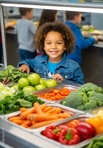 Obraz Young child at healthy food buffet smiling cafeteria