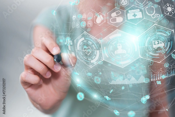 Fototapeta Businesswoman using digital medical sphere with a pen 3D rendering