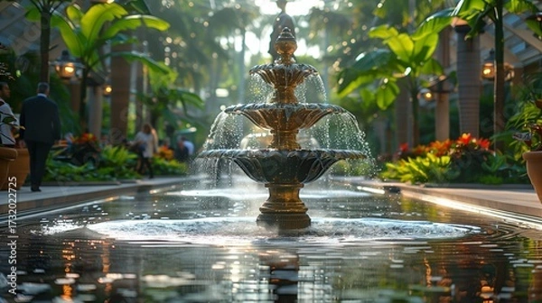 Obraz Golden and Silver Statues in Luxury Corporate Plaza with Business Crowd