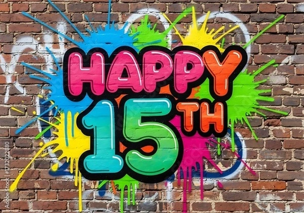 Obraz Happy 15th Birthday Bubbly Graffiti Style Text with Paint Splatters on Brick Wall Background