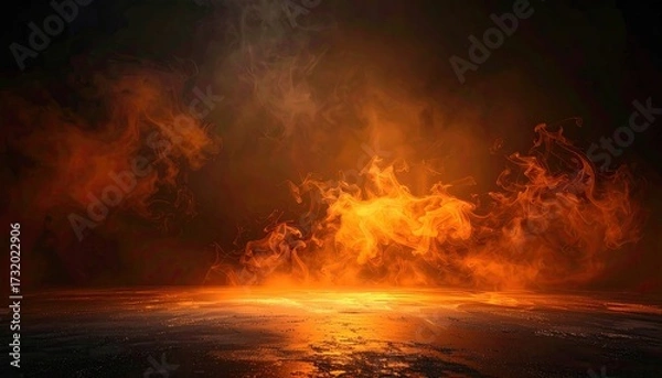 Obraz Fiery orange flames and smoke on a dark, textured surface